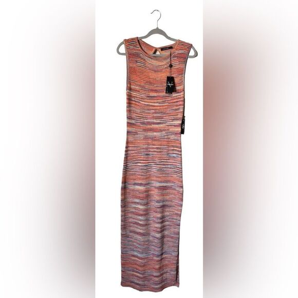 NWT Vertigo Knit Maxi Orange Pink Sweater Dress Bodycon Size L - Picture 6 of 11